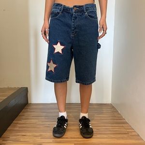 Wish Me Luck Los Angeles Long Blue Denim Short Stars Embroidered